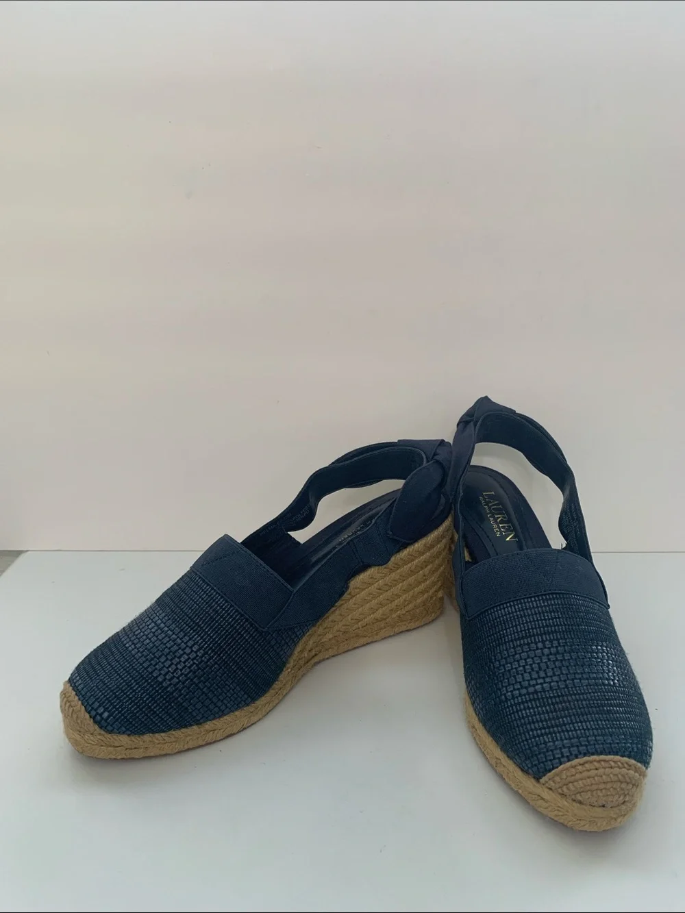 Lauren Ralph Lauren Navy Blue Woven Espadrille Slingback Wedges Size 7B